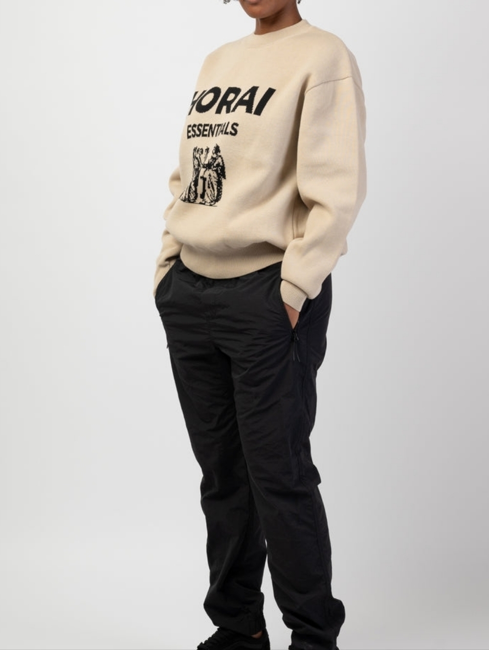 HORAI Essentials Godesse Knit Crewneck Sweater in Light Beige with Black Graphic